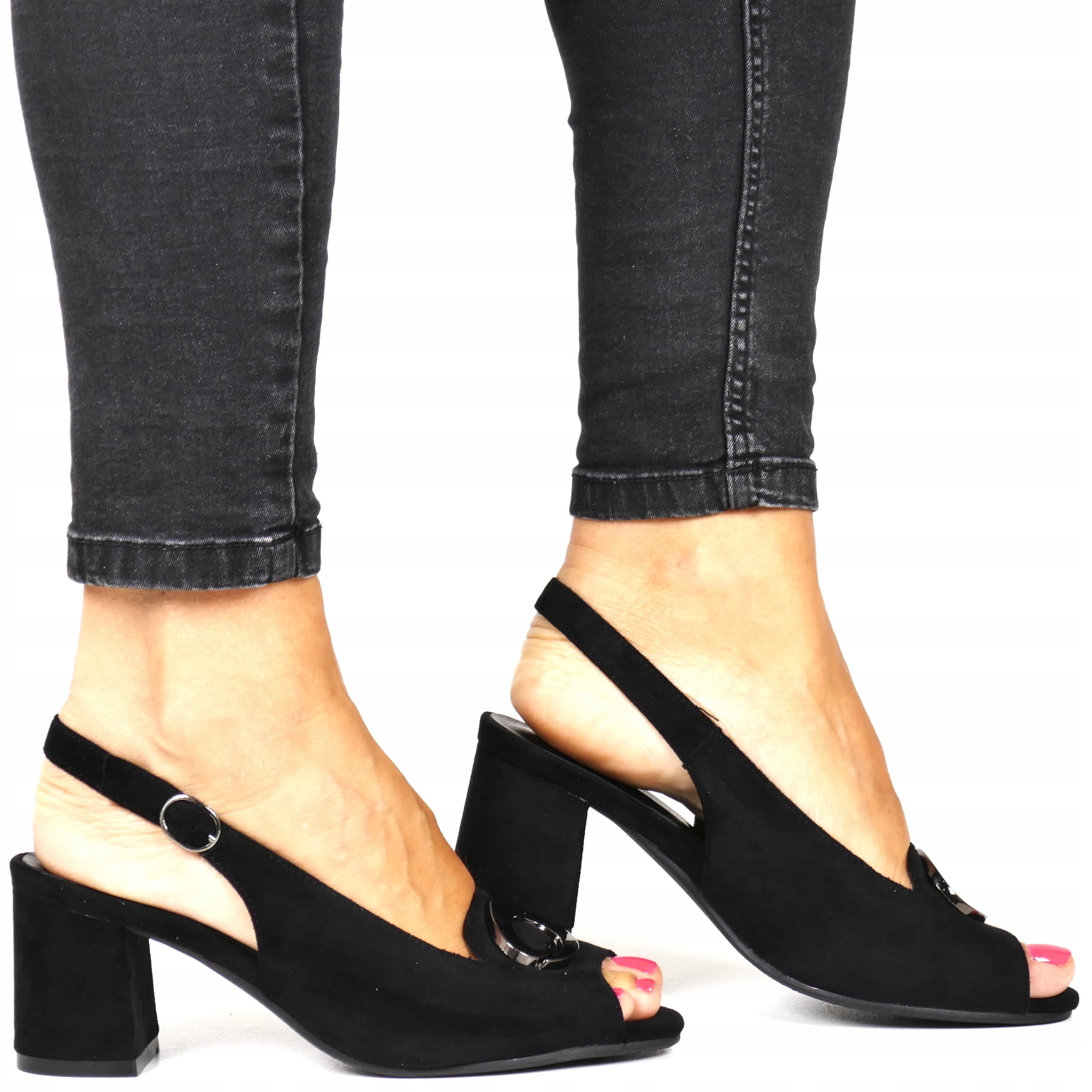 Dámské Sandály Na Klínku, Černé S Elegantní Ozdobou Bez Paty, Širší Semiš