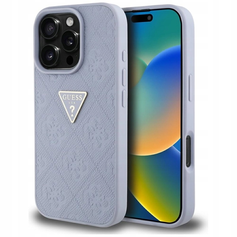 Guess Hot Stamp 4G Trojúhelníkové kovové logo Pouzdro pro iPhone 16 Pro fialové