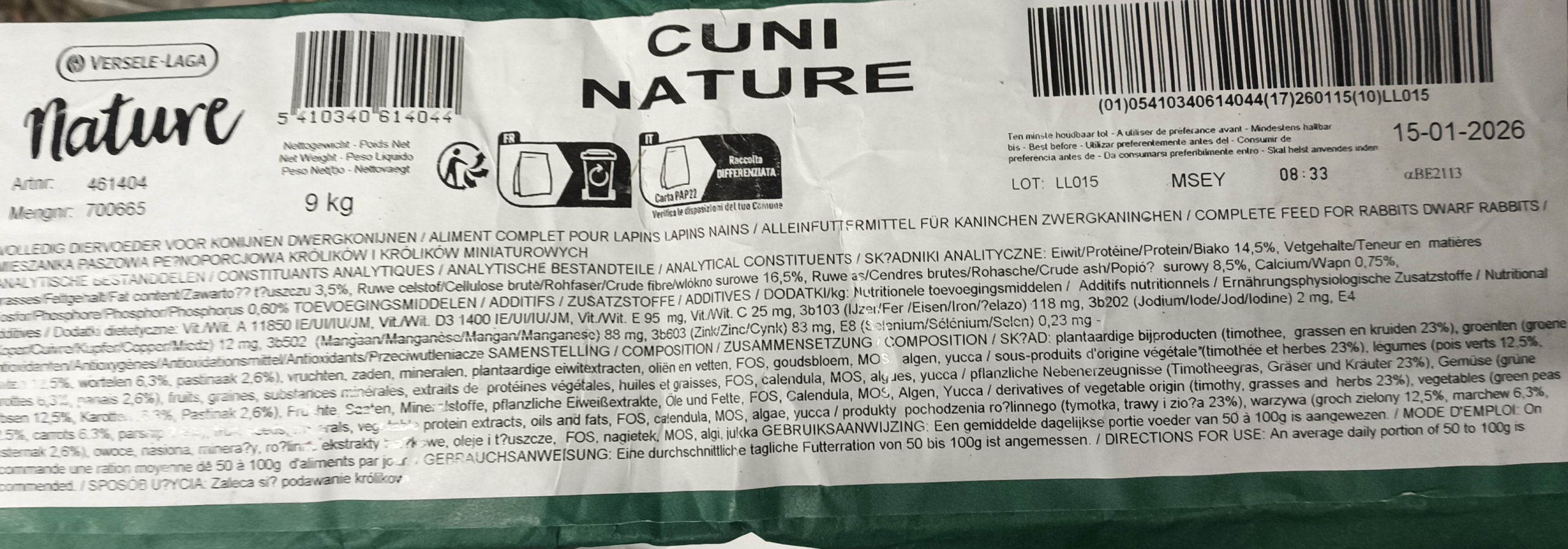 VL-Cuni Nature 700g - pokarm dla królików WAGA Kod producenta 5410340614488