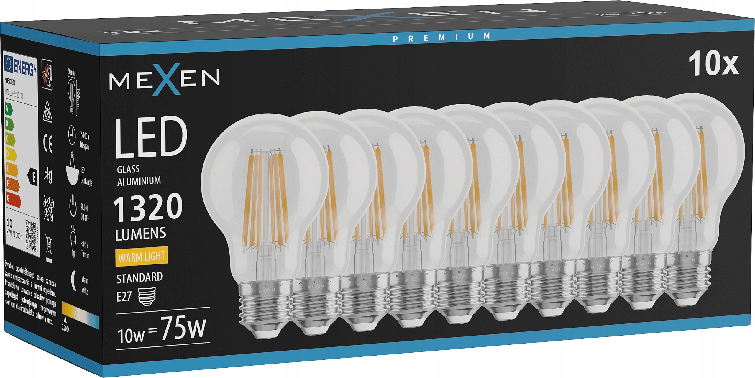Mexen Sada 10 ks Led žárovek s vláknem E27 A60, 10 W, 2700 K, 60×105 mm