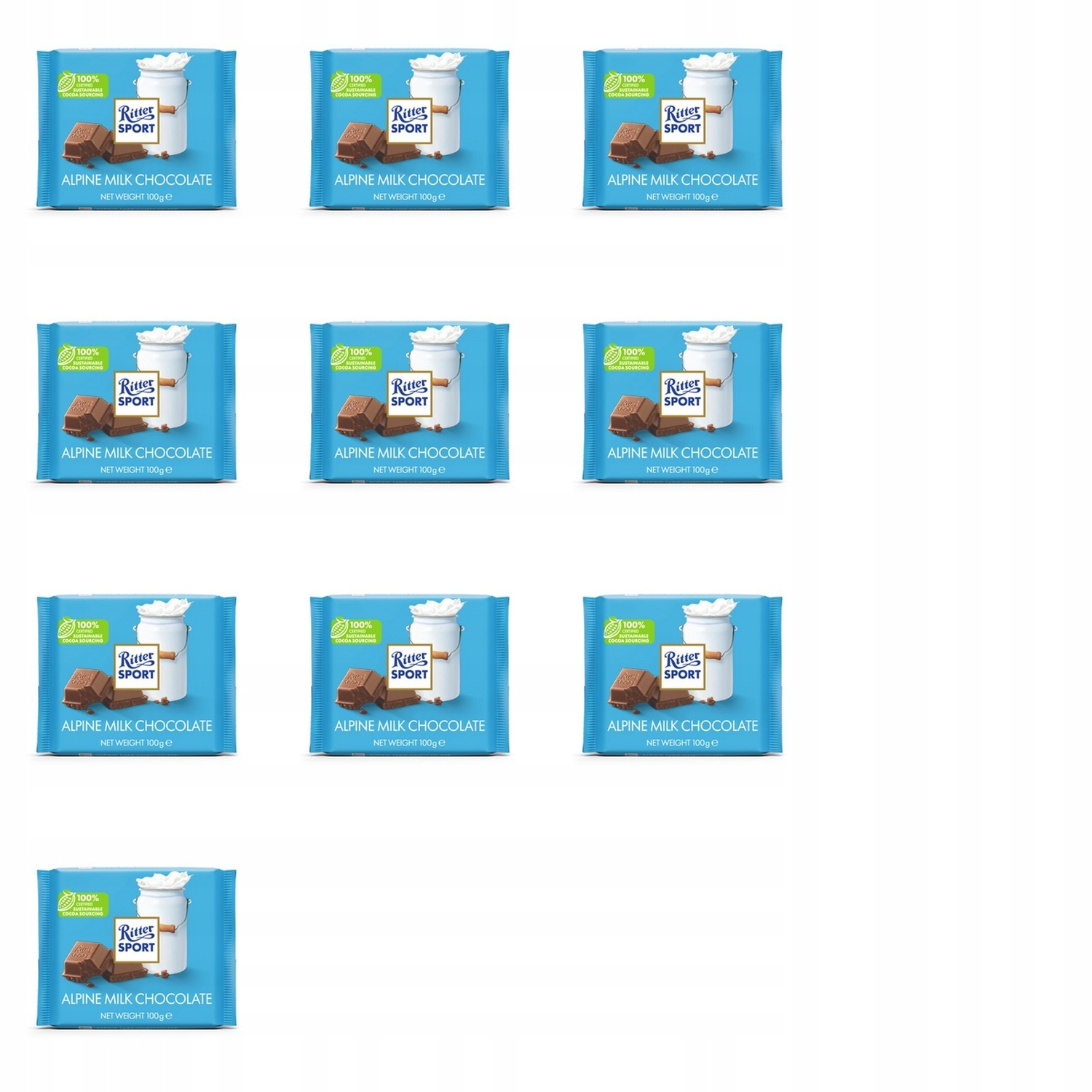 Levně 10 x 100 g Ritter sport čokoláda mléčná alpská Karton