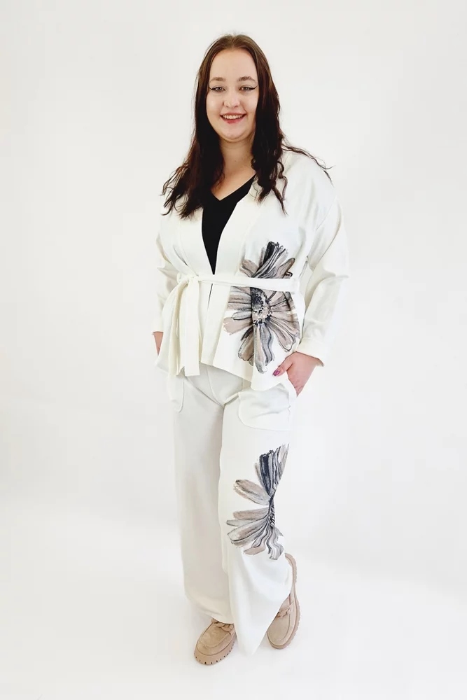 Dámský komplet Přehoz a kalhoty s květinami Bílý Uni