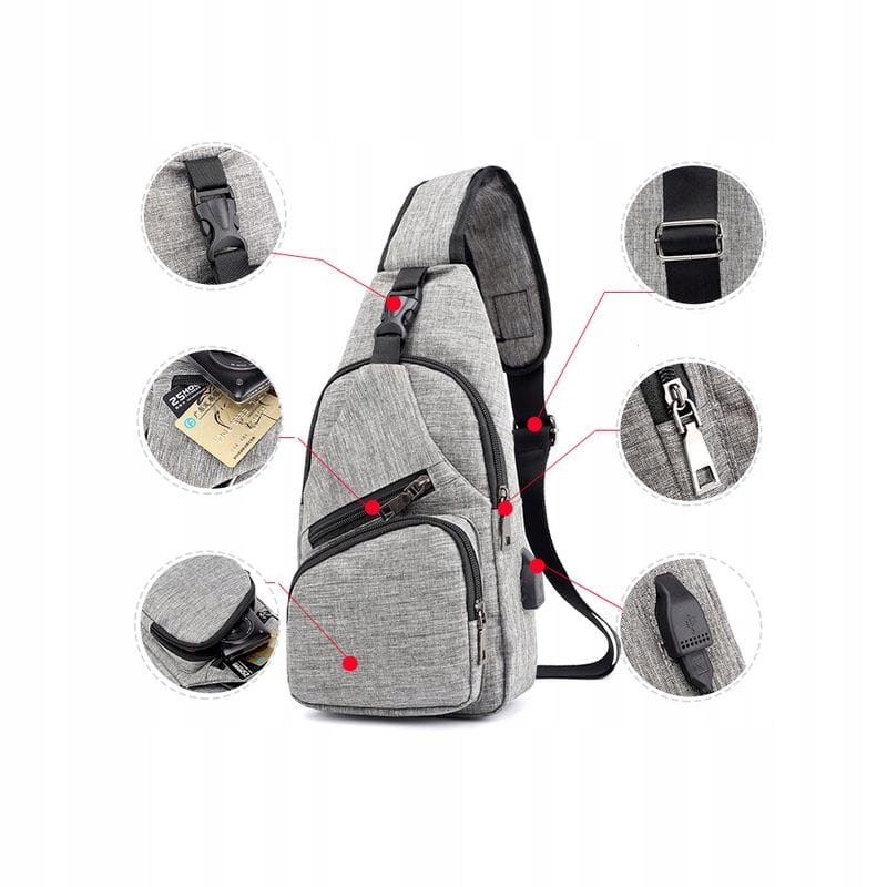 Sportowy plecak na jedno ramię, nerka z USB Kolor czerwony