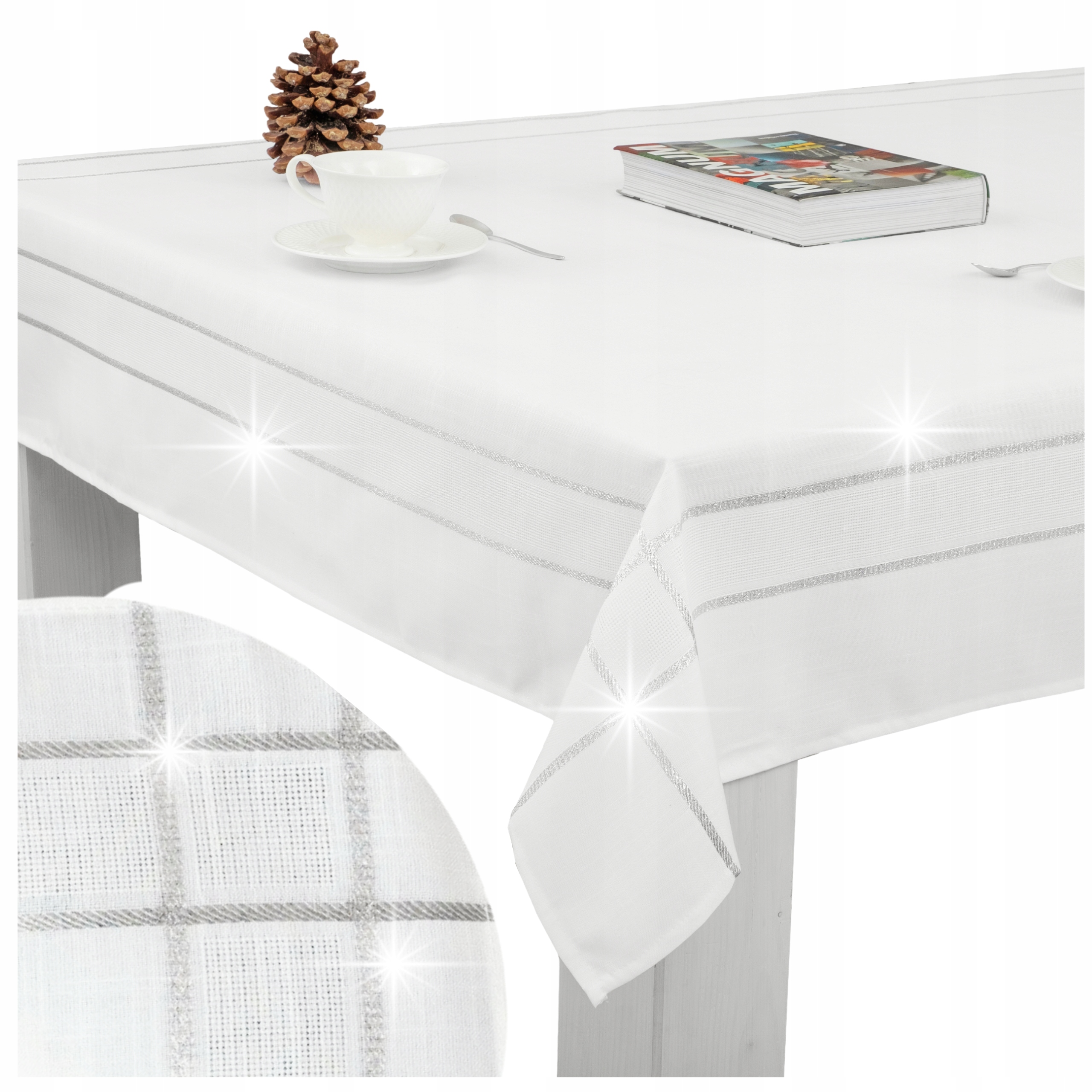 Obrus Biały z Srebrną Nitką gładki klasyczny 140x220 Dekoracyjny