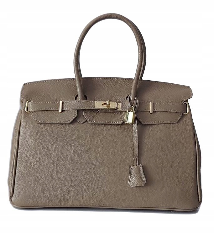 Duża włoska torba A4 skóra shopper kłódka Beżowa