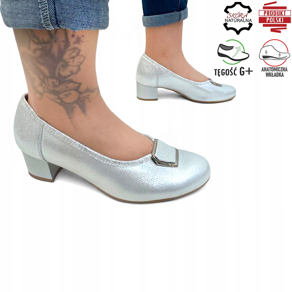 Stříbrné Kožené Profilované Lodičky Na Nízkém Podpatku Na Halušky 41