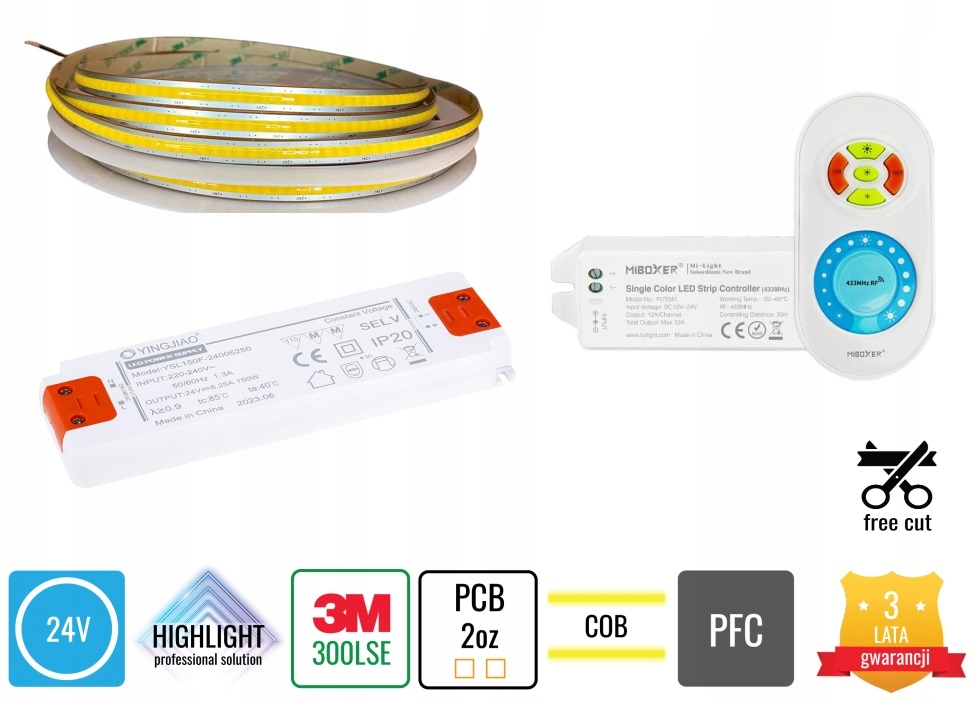 20m Zestaw Led sufitowy Cob Free Cut barwa do wyboru 10W 24V CRI>90