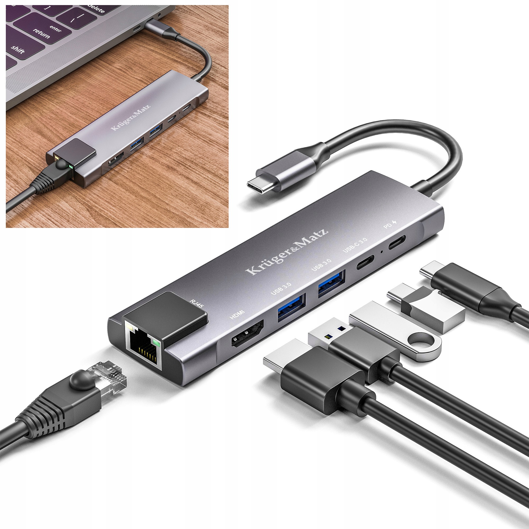 Adaptér (hub) Usb typu C na HDMI/2x USB3.0/2x Usb typu C/RJ45