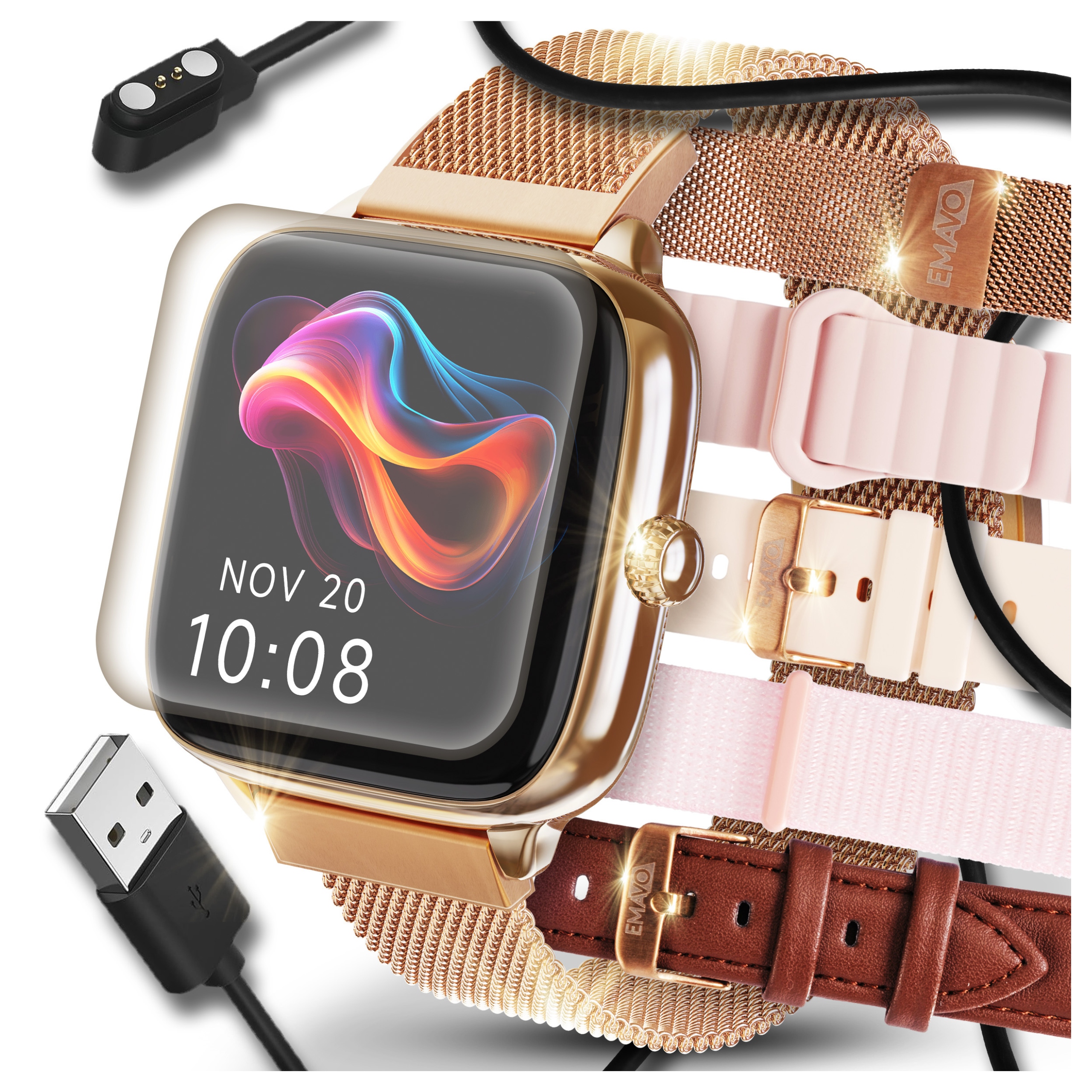 Smartwatch damski złoty rozmowy Bluetooth Pl menu Zegarek 5pasków Amoled