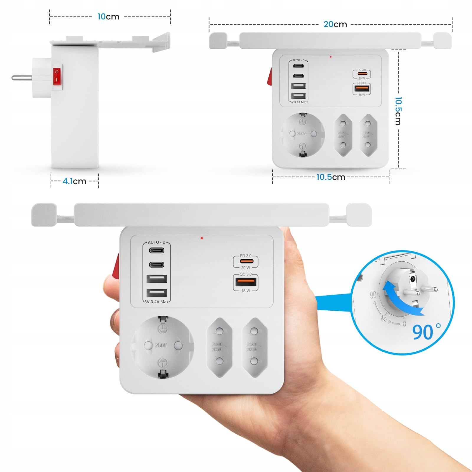AONOKA Gniazdko Z Włącznikiem 3-Fach Listwa Zasilająca USB C Biała — miniatura 6