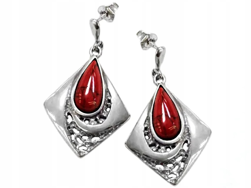 Stříbrné náušnice 925 závěsné kosočtverce s červeným kamenem na tyči, slza