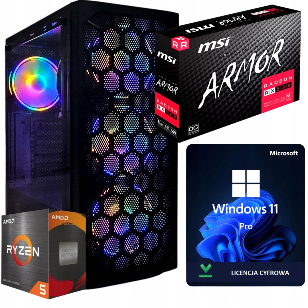 PC gamingowy Ryzen 5 5500 RX 580 8GB 16GB DDR4 RAM 512GB SSD +WiFi +WIN11