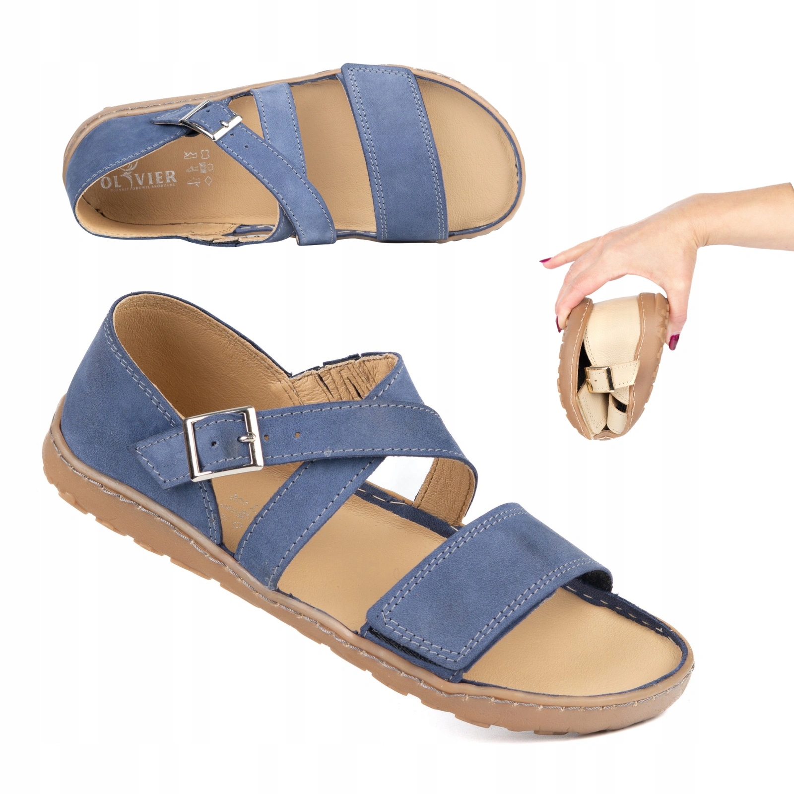 Dámské barefoot kožené sandály Olivier Pas široký přední díl modré 37