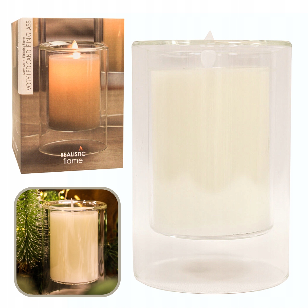 

Świeca woskowa Led na baterie w szkle 15cm płomień