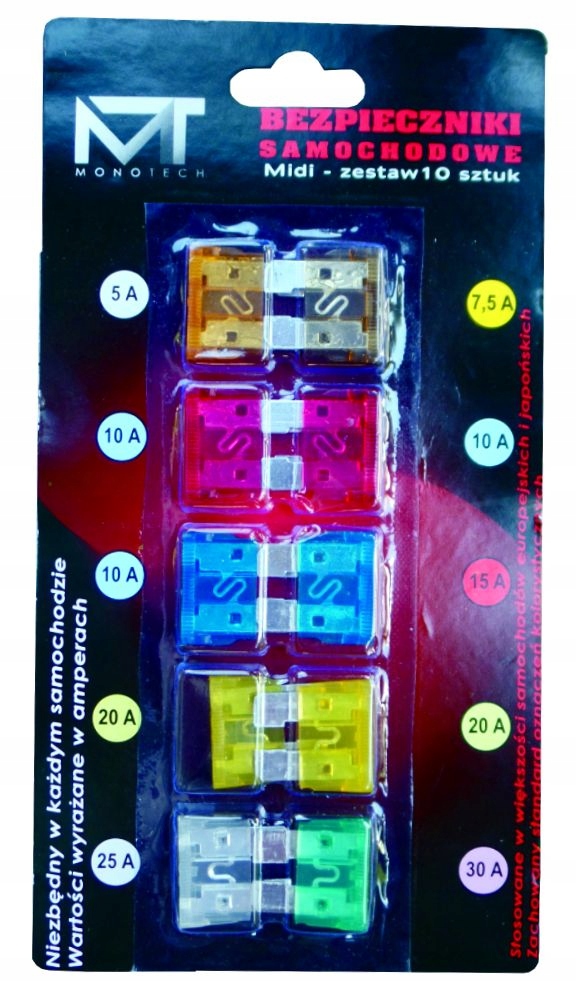 

Bezpieczniki samochodowe MIDI 19mm zestaw 10szt