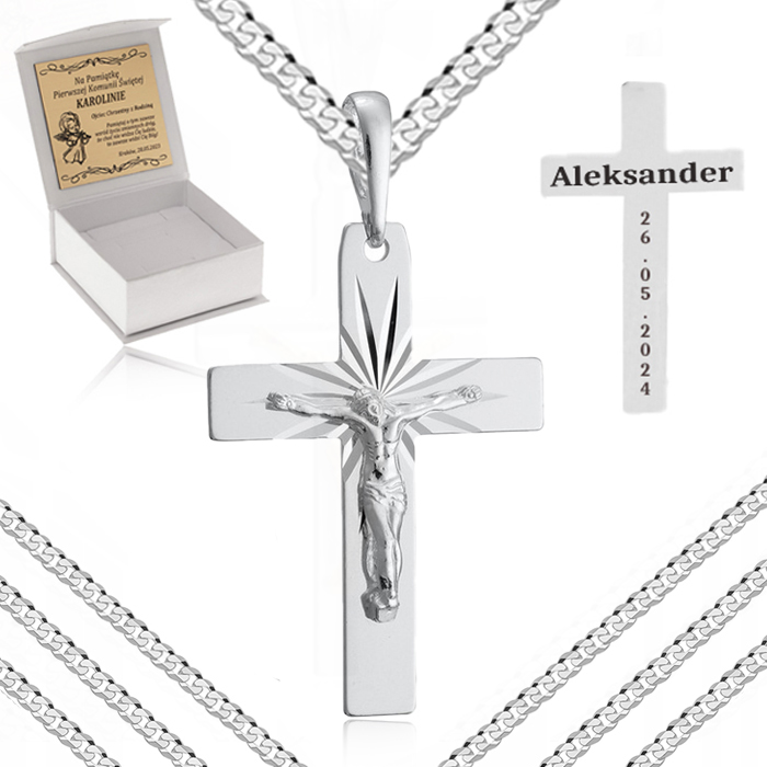 SREBRNY ŁAŃCUSZEK NASZYJNIK PANCERKA Z KRZYŻYKIEM JEZUS 925 +GRAWER PREZENT