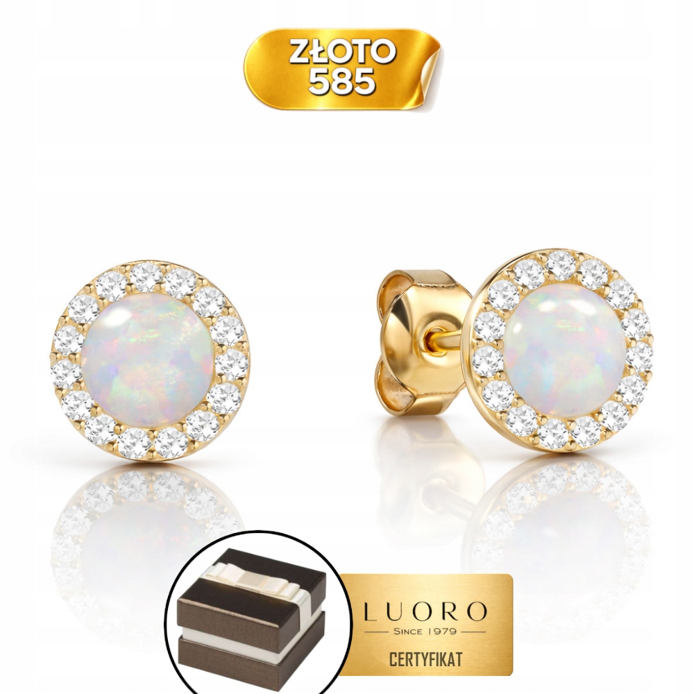 Náušnice Zlaté 585 14K Kruhy S Opály A Zirkony Tyčinka Elegantní 7 MM