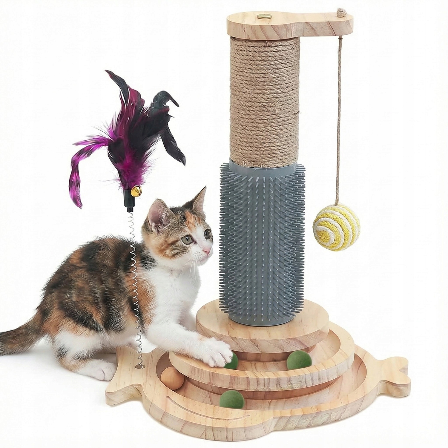 Levně Drapak Pro Kočky Dřevěný Sisalový Sloupek Hrací Dráha S Míčem Hračka