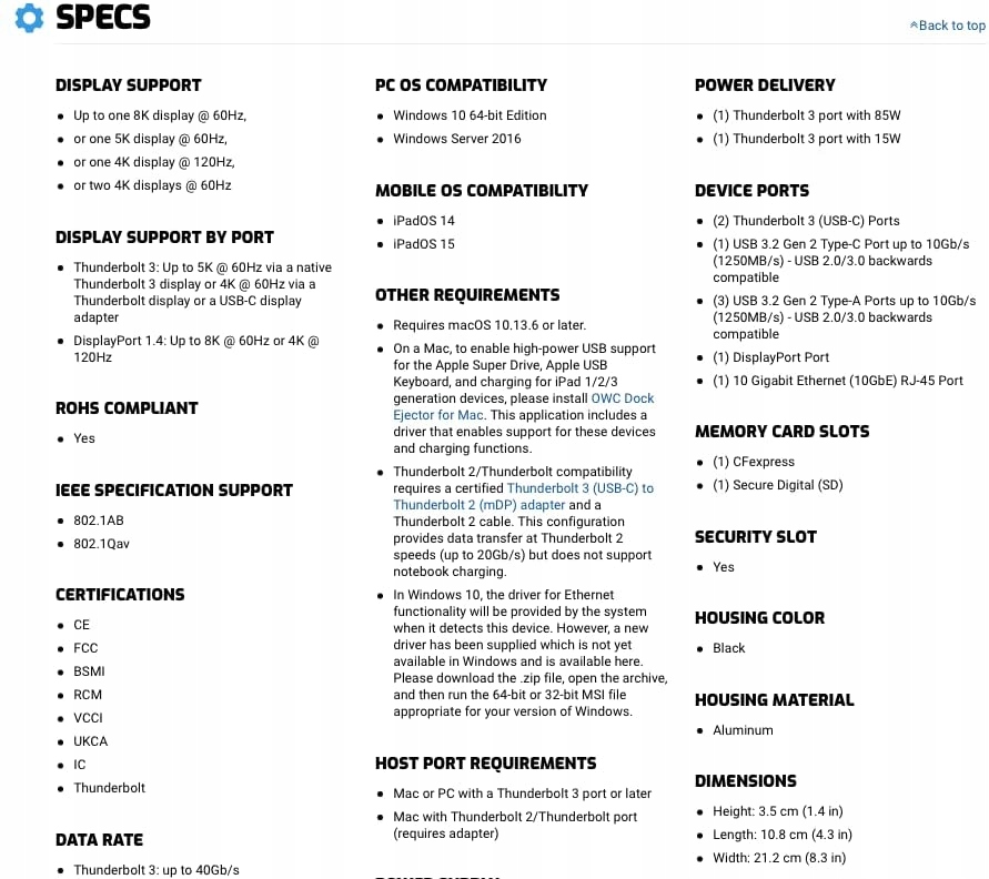OWC TB 3 Pro Dock 10Gbe RJ45 DP 8K@60Hz CF USB-A/C Kod producenta TB3DKPRO