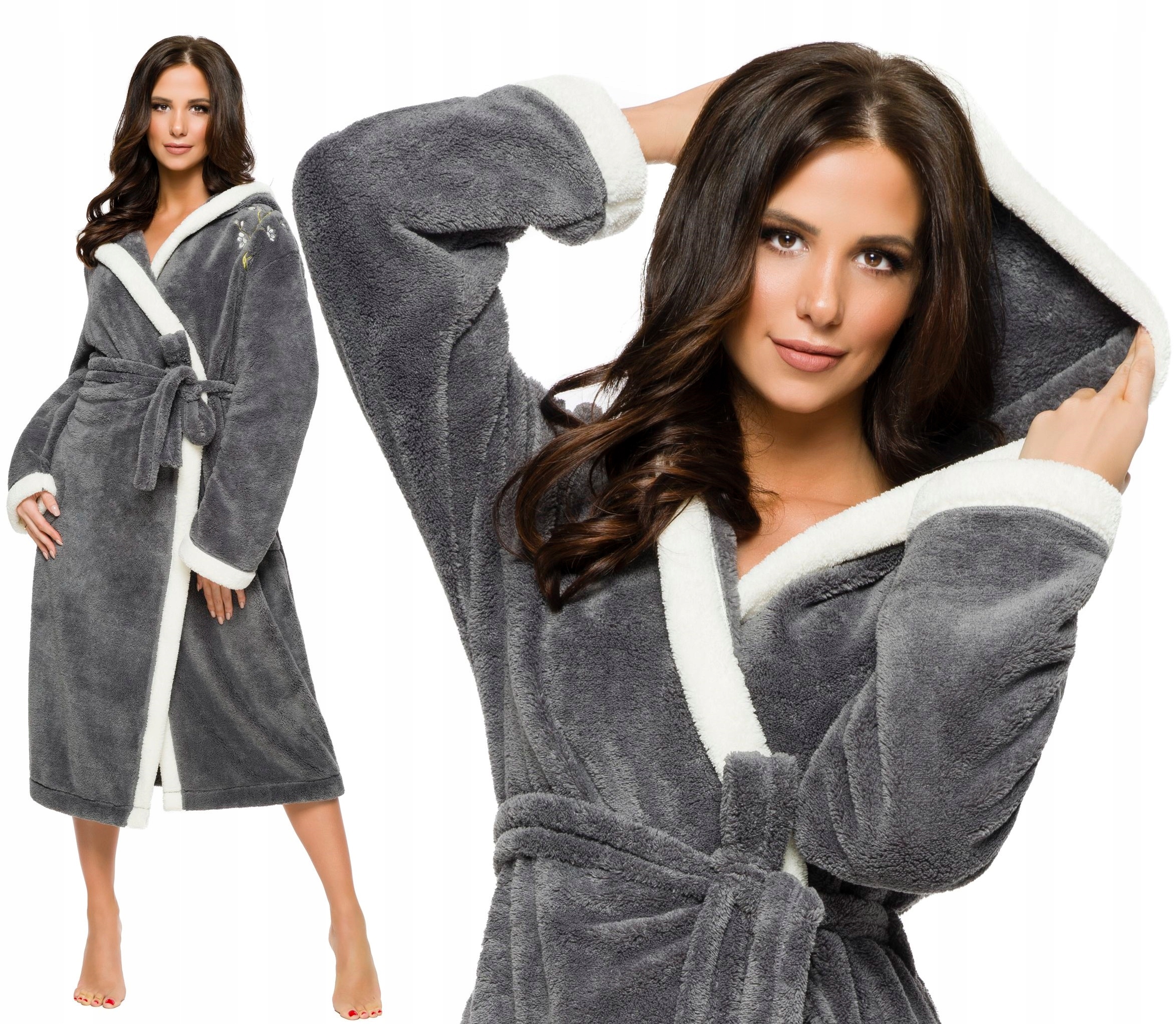 DŁUGI PUCHOWY DAMSKI SZLAFROK Z HAFTEM PODOMKA 3XL