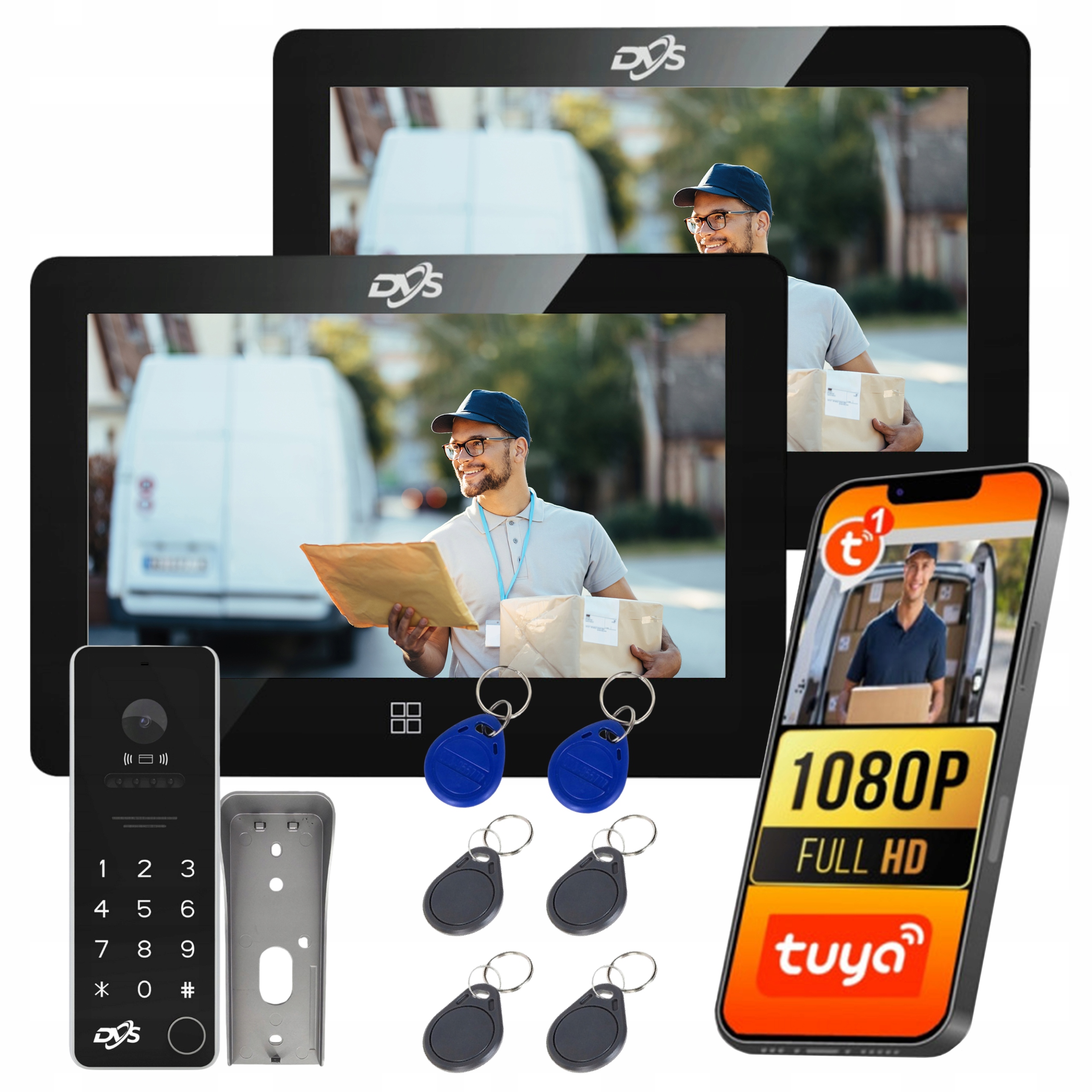 WIDEODOMOFON DOMOFON WiFi 2 MONITORY DOTYKOWE CZARNE BRELOKI RFID TUYA DVS