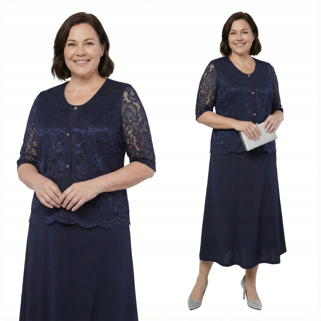 Tmavě modrý krajkový komplet s ozdobnými knoflíky plus size, velikost 54