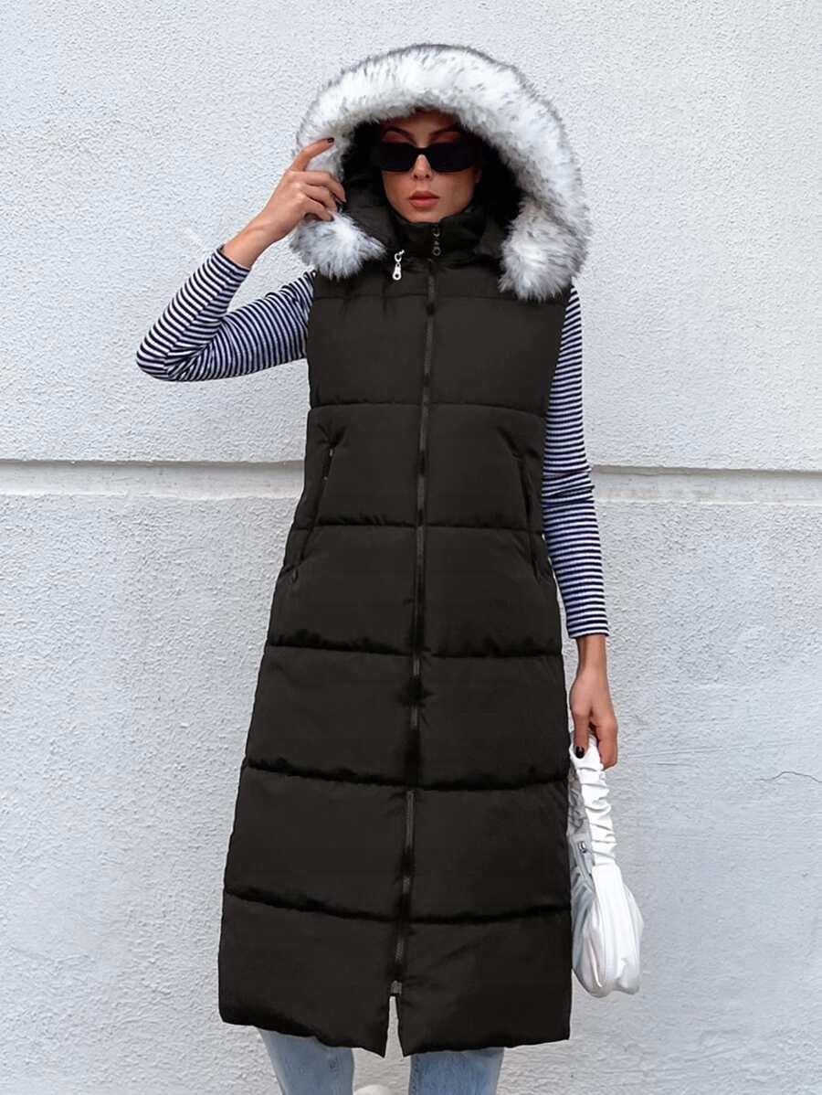 SHEIN DŁUGI CZARNY BEZRĘKAWNIK PUCHOWY DAMSKI KAPTUREM R.S X298024 Marka Shein