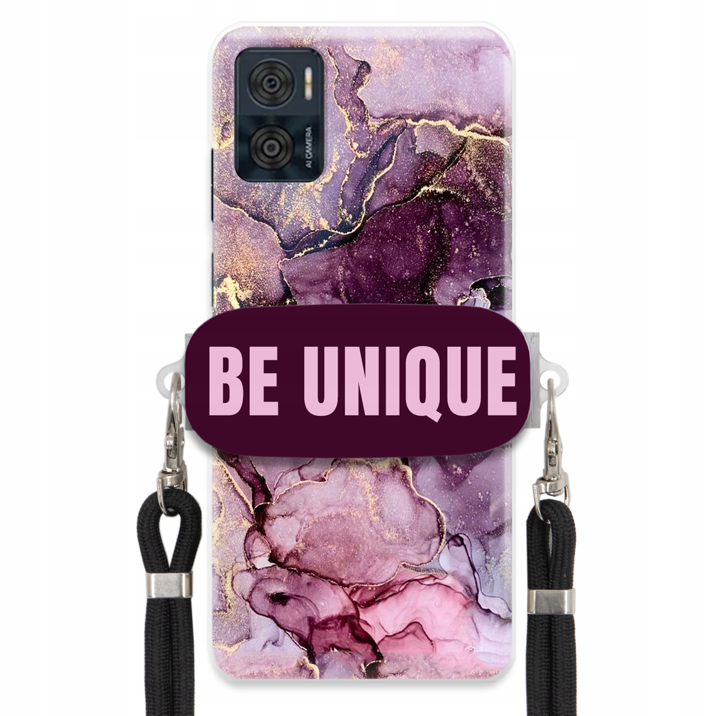 Prémiové puzdro pre Motorola E22 Case Uchywt Šnúrka Čierna Fialová Mramor