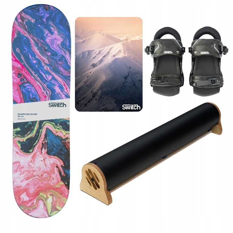 Tréninková trampolínová snowboardová deska 95A Switch+Vázání+Rail+podložka