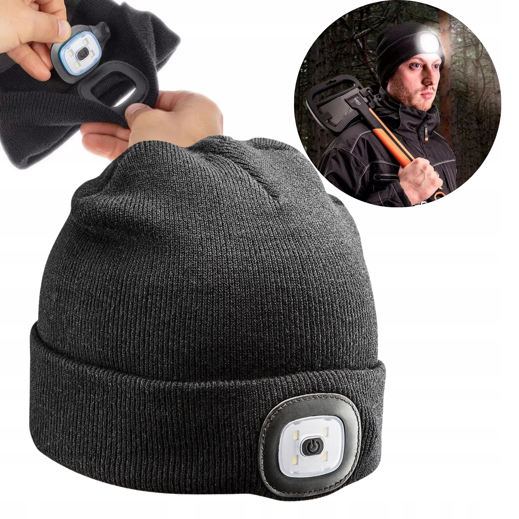 NEO TOOLS CZAPKA ZIOMOWA Z LATARKĄ CZOŁOWĄ LED USB | LATARKA CZOŁOWA NEO