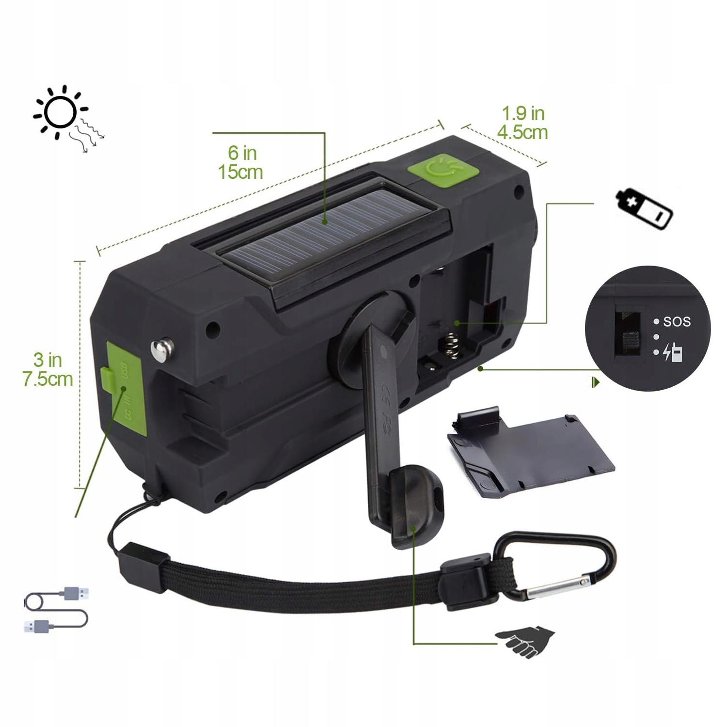 KORBA RĘCZNA Z RADIEM SŁONECZNYM RADIO FM AWARYJNE LATARKA LED 2000mAh Szerokość produktu 1 cm