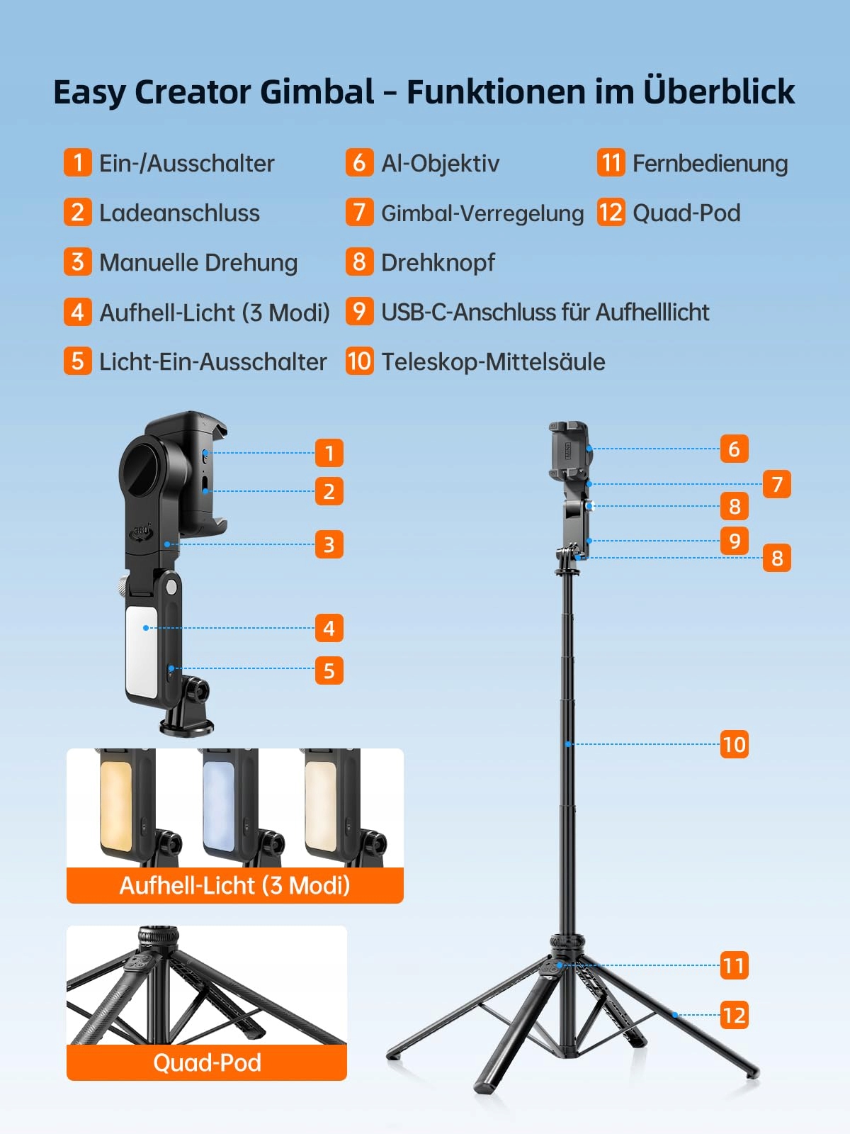 ROLLEI Easy Creator Gimbal AI Tracking Selfie Stick Statyw Telefonu — miniatura 7