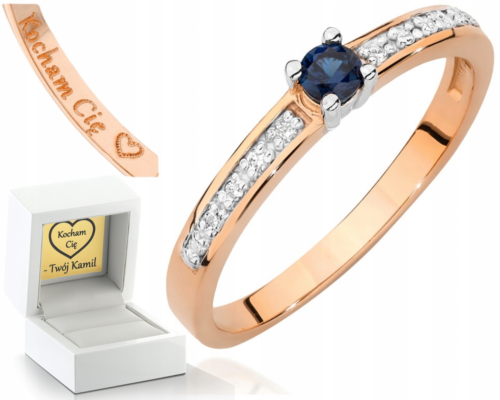 Růžové Zlato Prstýnek Safírový Briliant Gravírování