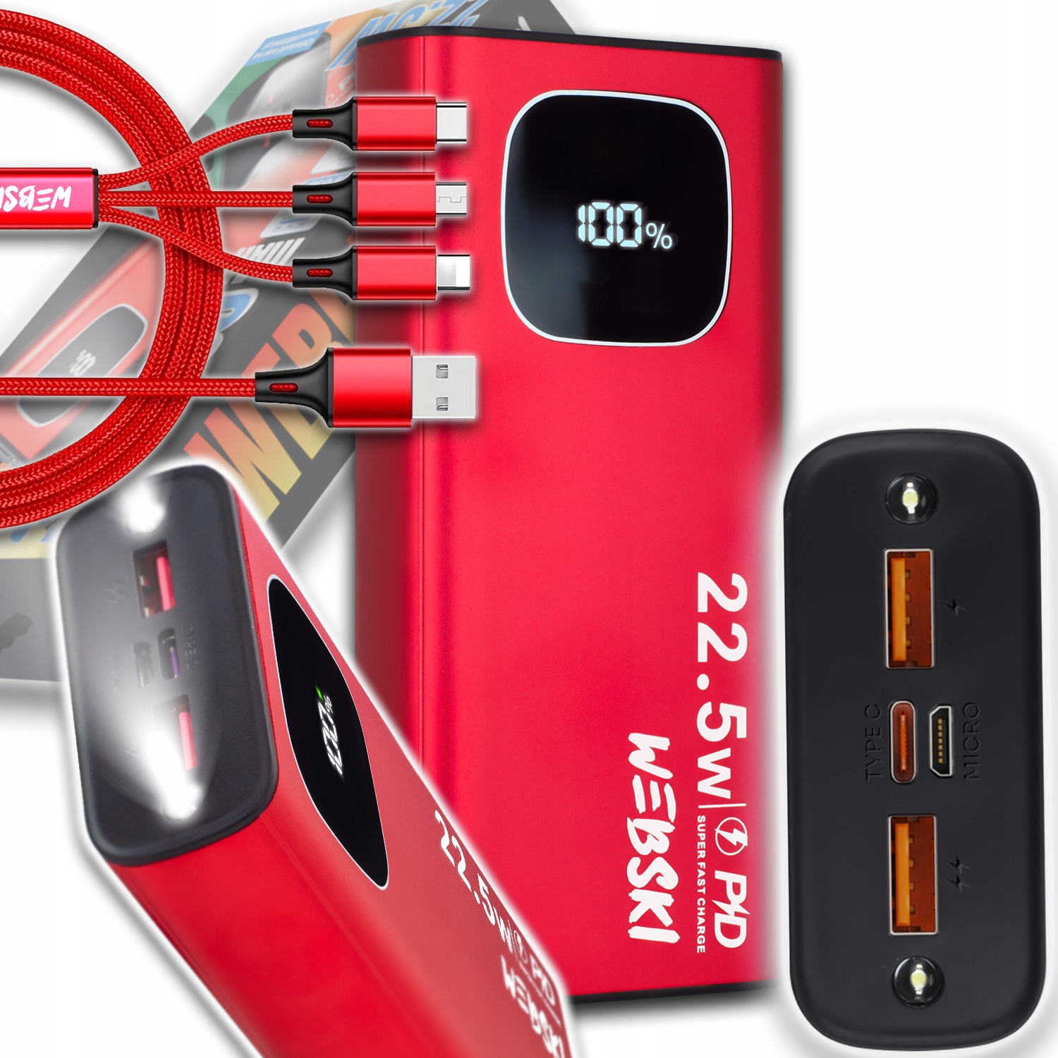 Powerbank 22,5W Rychlé Nabíjení Qc Pd Usb-c 2X Usb 3V1 Kabel Usb-c Lightning