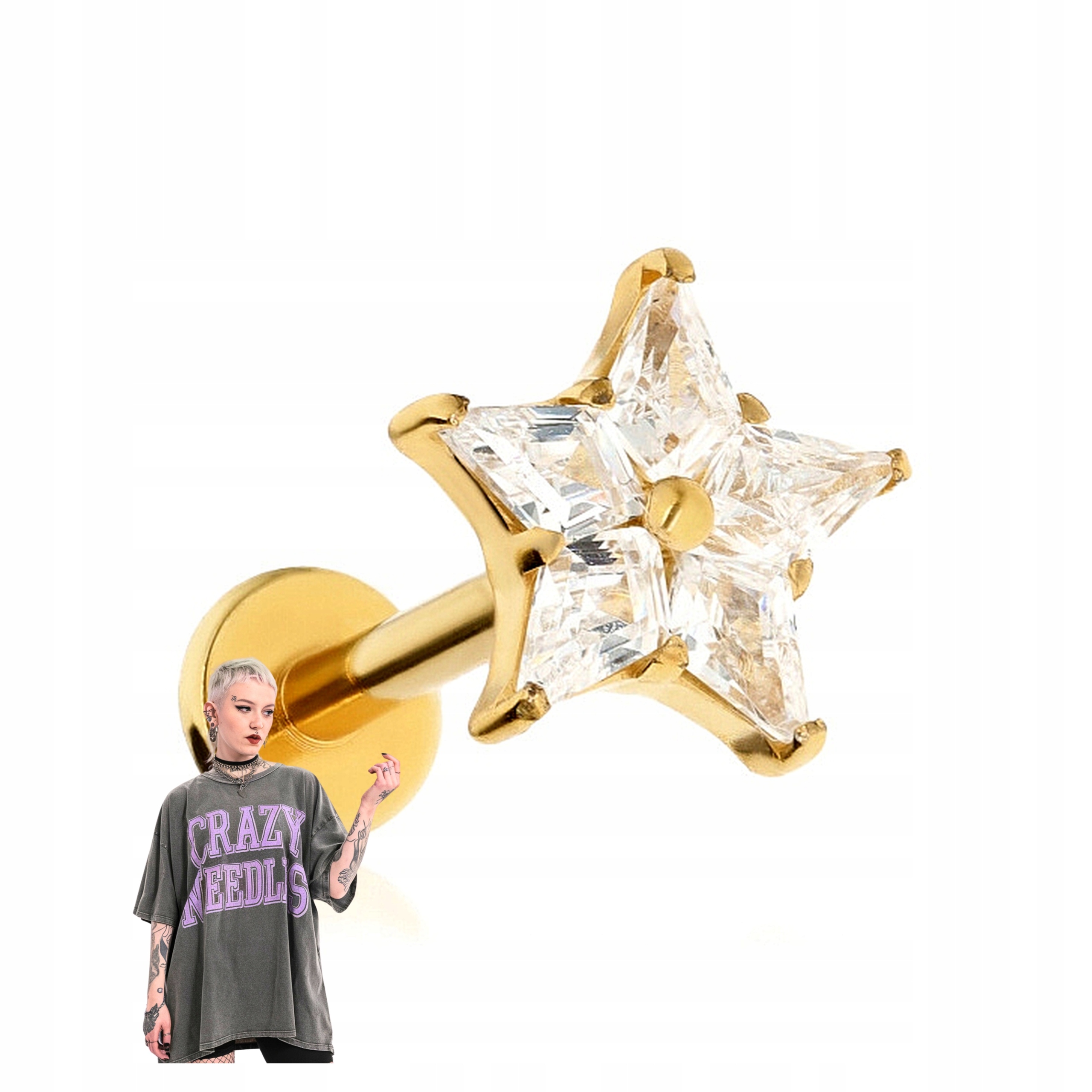 Titanový náušník labret hvězda s bílým zirkonem zlatý helix lobe 1,2/6