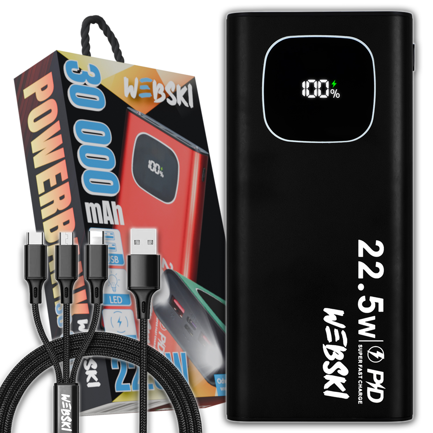 Powerbank 30 000 mAh 2X Usb-c Rychlé Nabíjení Napájení Kabel 3V1