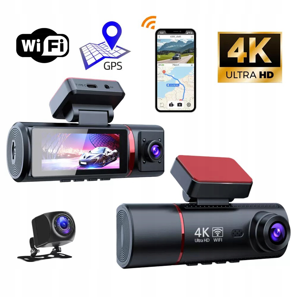 Kamera do auta 3v1 Hd 4K Predná zadná a vnútorná Gps Wi-Fi Nočný režim