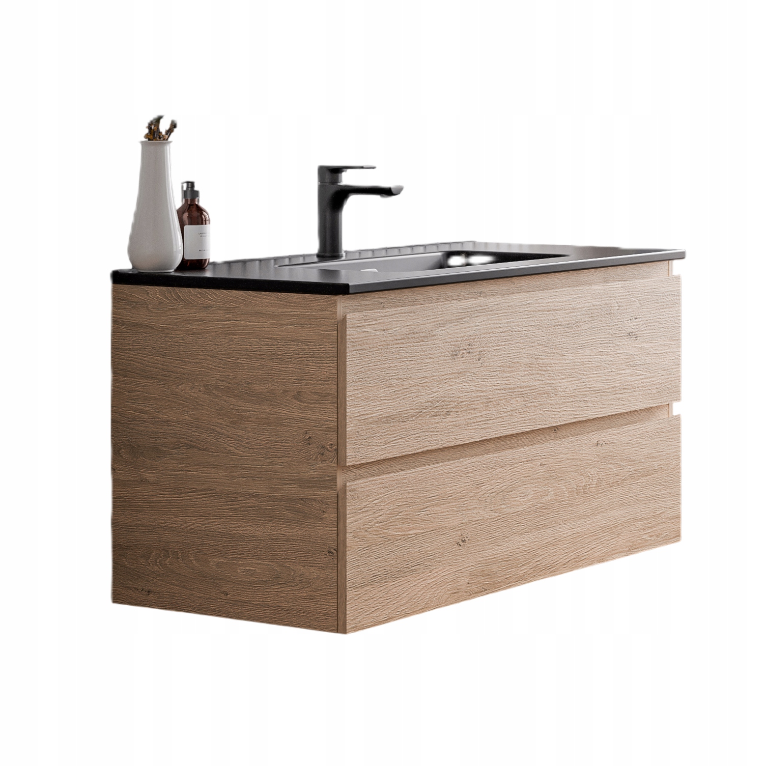 Szafka z umywalką ceramiczną czarny mat Ava 100 dąb miodowy