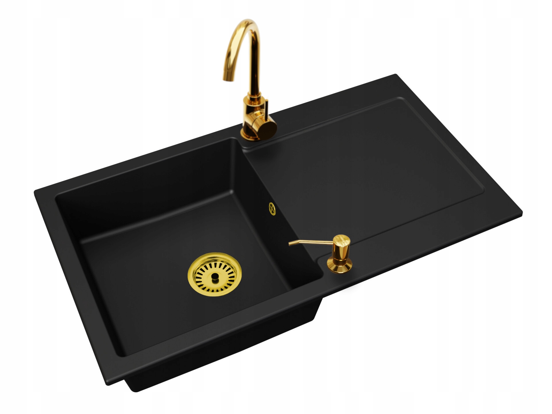 Kuchyňský dřez Jednokomorový Alex Sifon Zlatá baterie Zlato Dávkovač