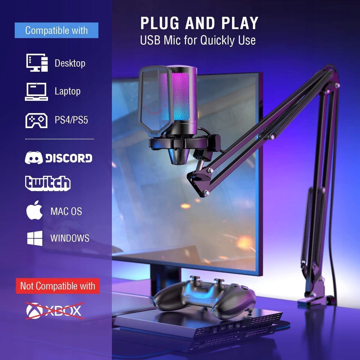 FIFINE Gaming Mikrofon USB Zestaw z Ramieniem do Podcastów i Streamingu — miniatura 5