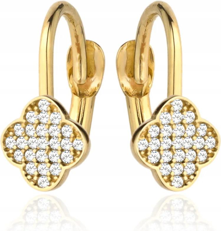 Náušnice zlaté čtyřlístky 585 osázené zirkony, anglický dárek 14k