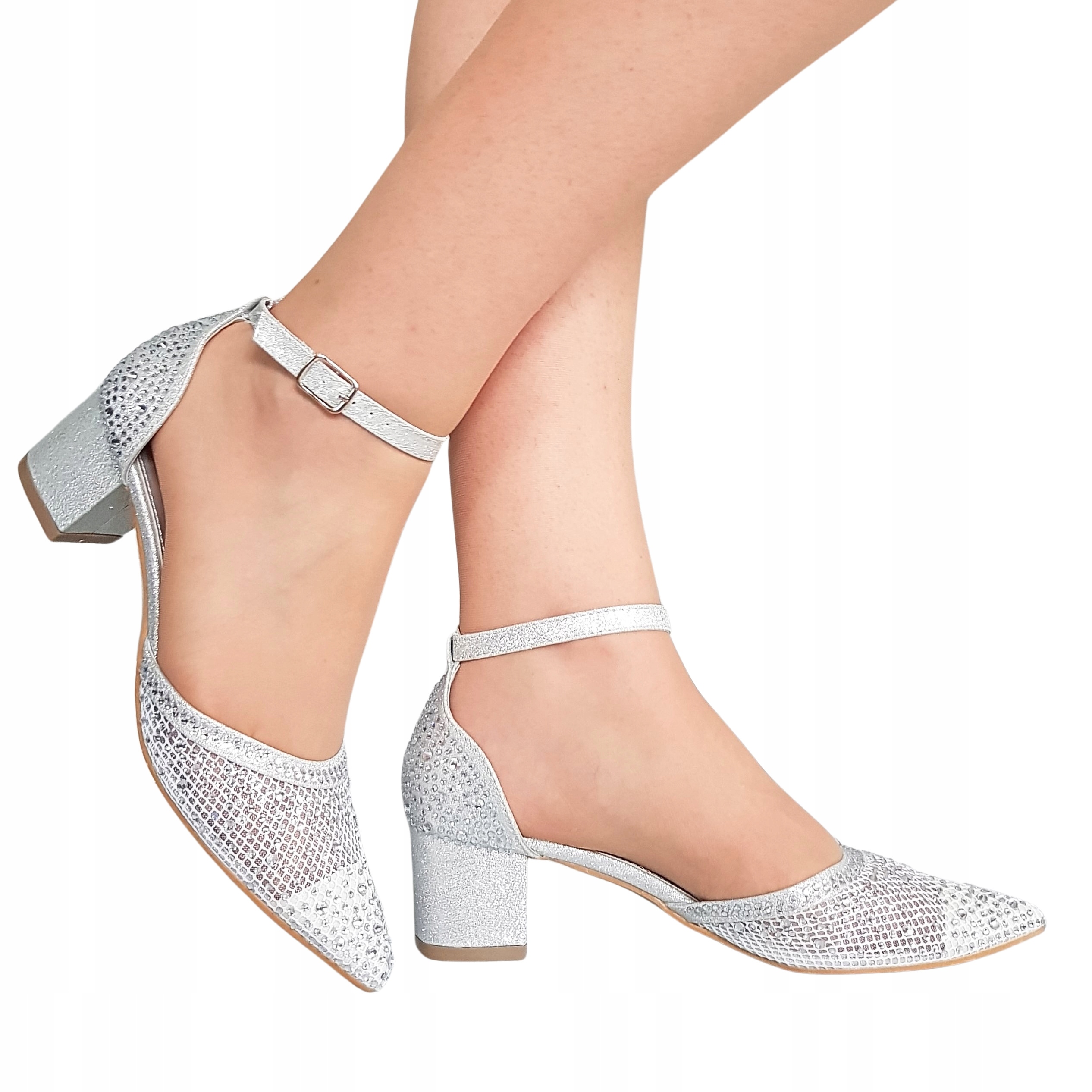 Srebrne Buty Czółenka Słupek 5 Cm Paseczek W Kostce Brokat Cyrkonie 40