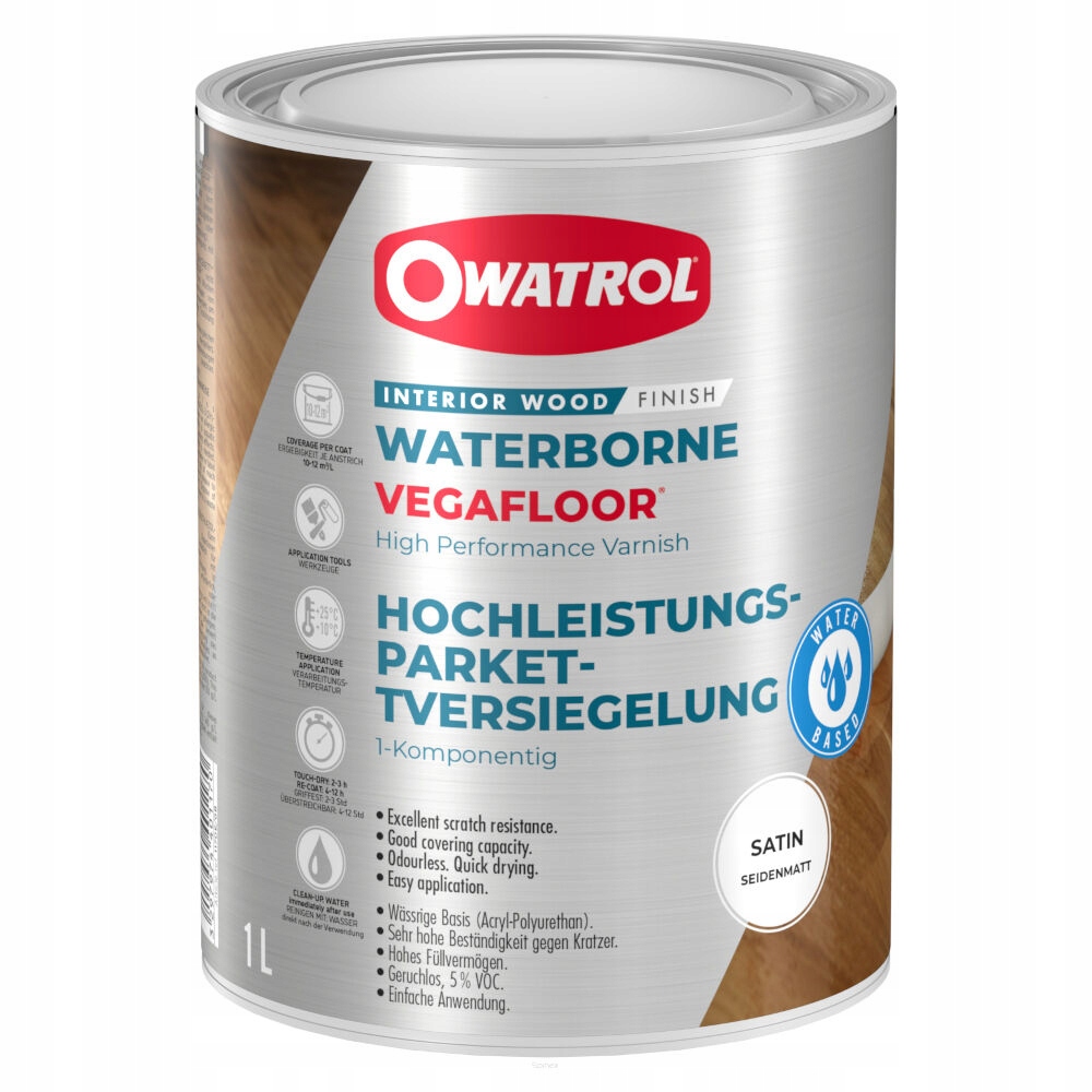 Vegafloor 1L satinovaný polyuretanový lak na vodní bázi pro dřevěné podlahy