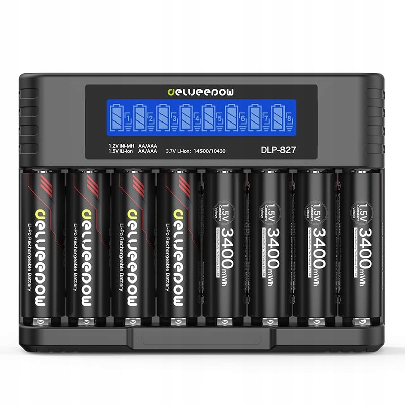 Delyeepow Nabíječka baterií Aa 8 akumulátorů 3400 mWh, 1,5 V LCD