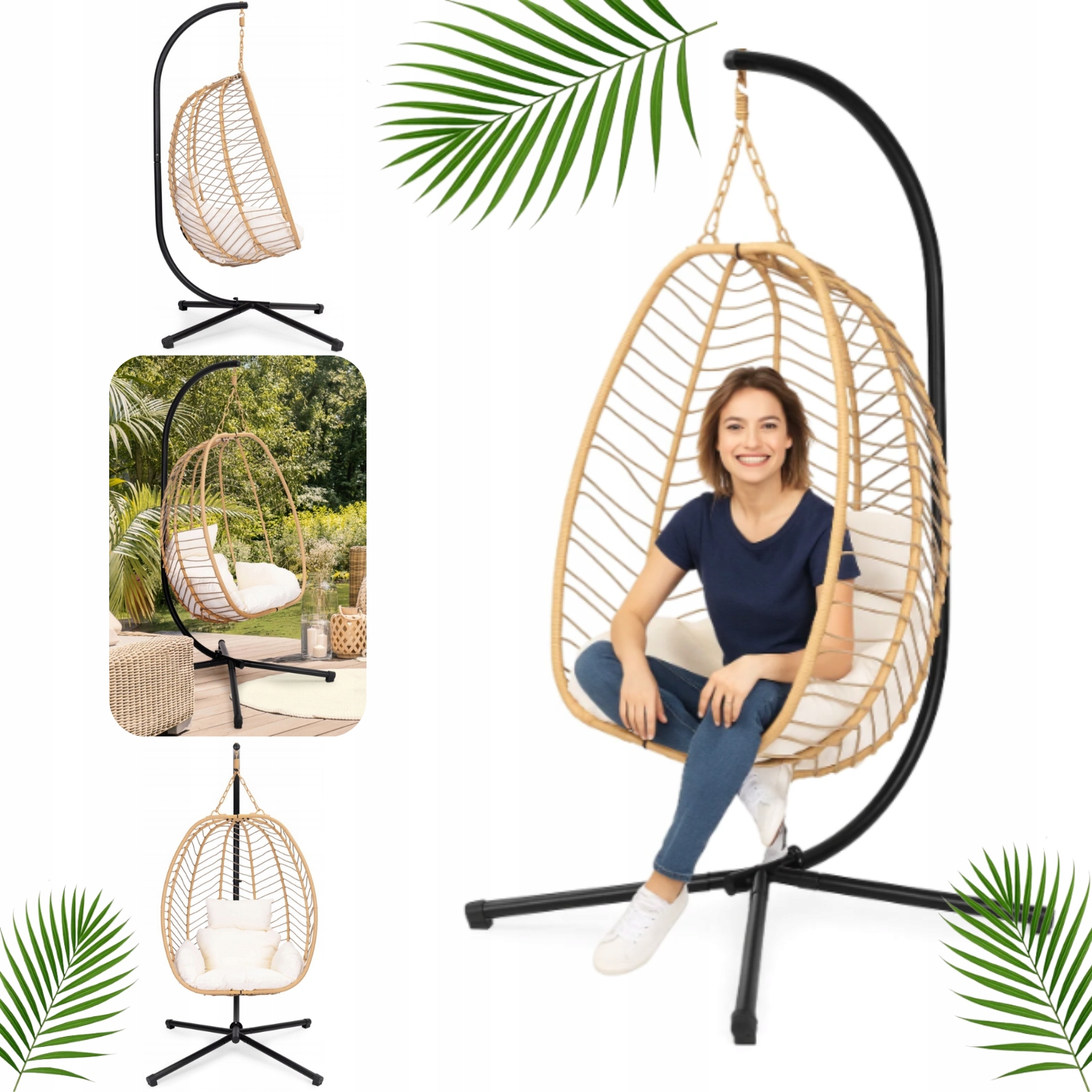 Wolnostojący Fotel Wiszący Kokon Ogrodowy Bujany Z Poduszkami 120KG Beżowy