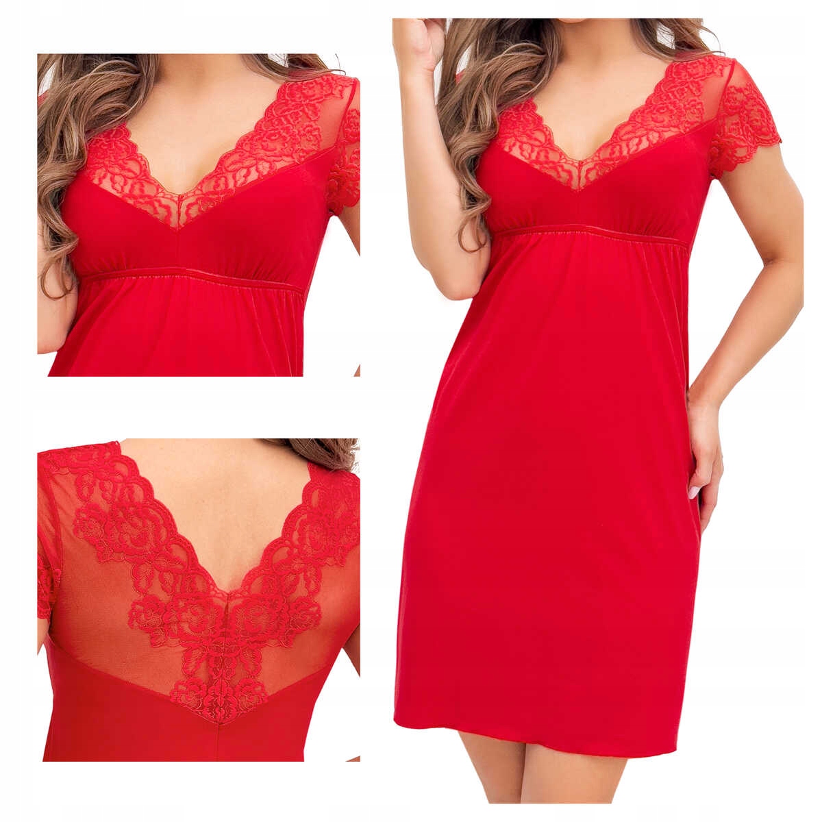 Donna Košile noční z viskózy s krátkým rukávem, krajka Ivana červená S