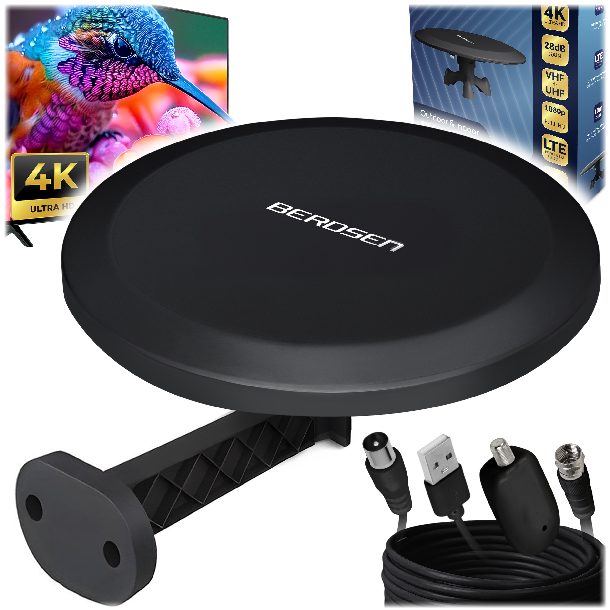 Antena wewnętrzna zewnętrzna TV Ultra HD 4K Berdsen BD-955 czarna
