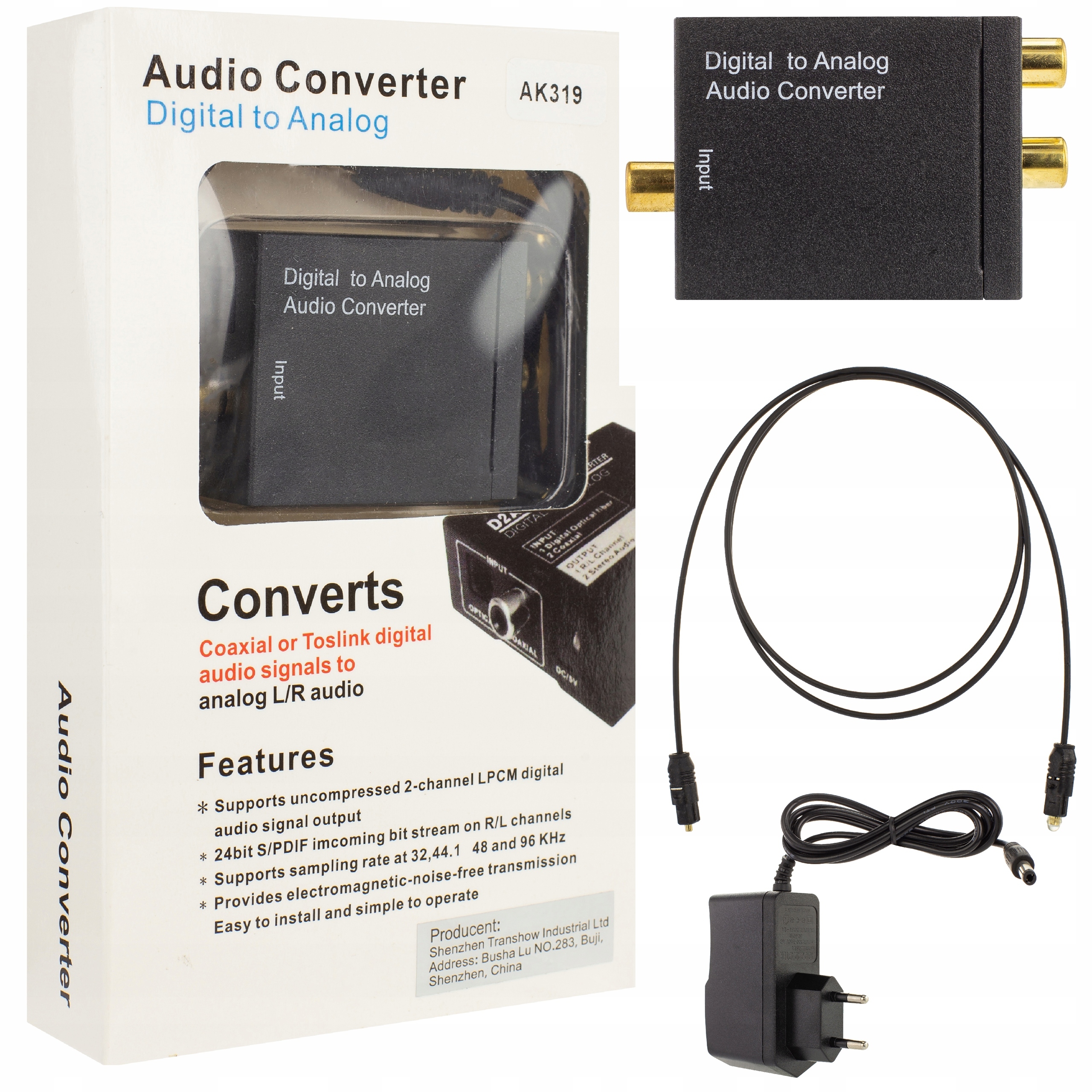 Konwerter optyczny TOSLINK COAXIAL na 2x RCA CINCH Marka Aptel