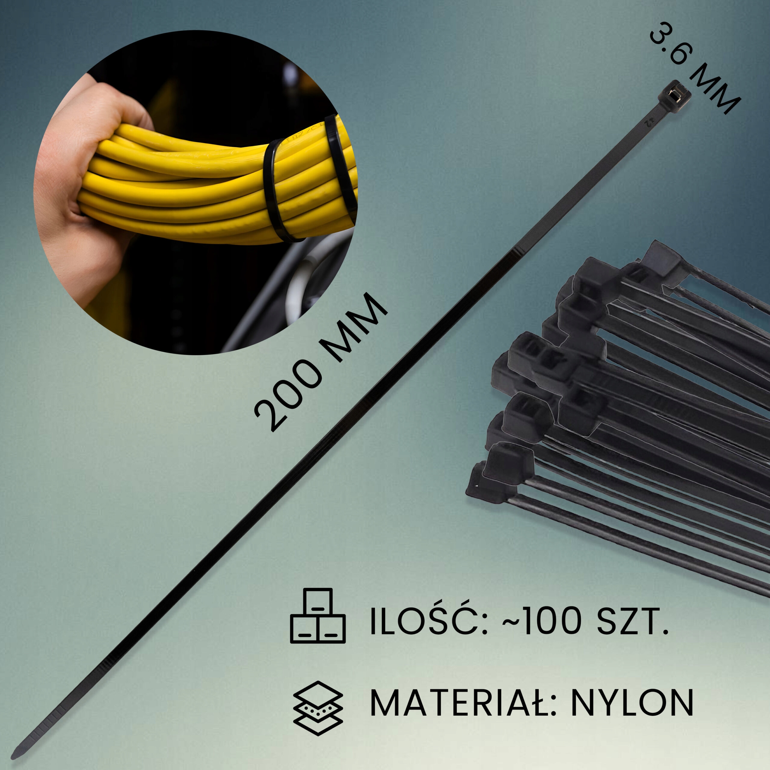Opaski kablowe zaciskowe zipy trytki opaska czarna 3,6 x 200mm - 100szt Kod producenta SKUV7617