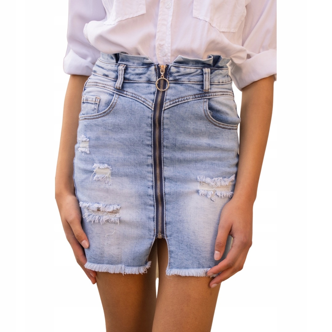 

P101 Jeansowa Mini Spódnica Zamek Z Przodu 40 L